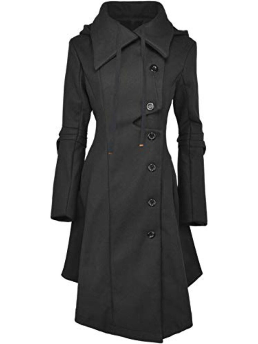 Gothic Punk Wool Blend Trench Coat Women's Long Peacoat Fleece Lined Hood Slim